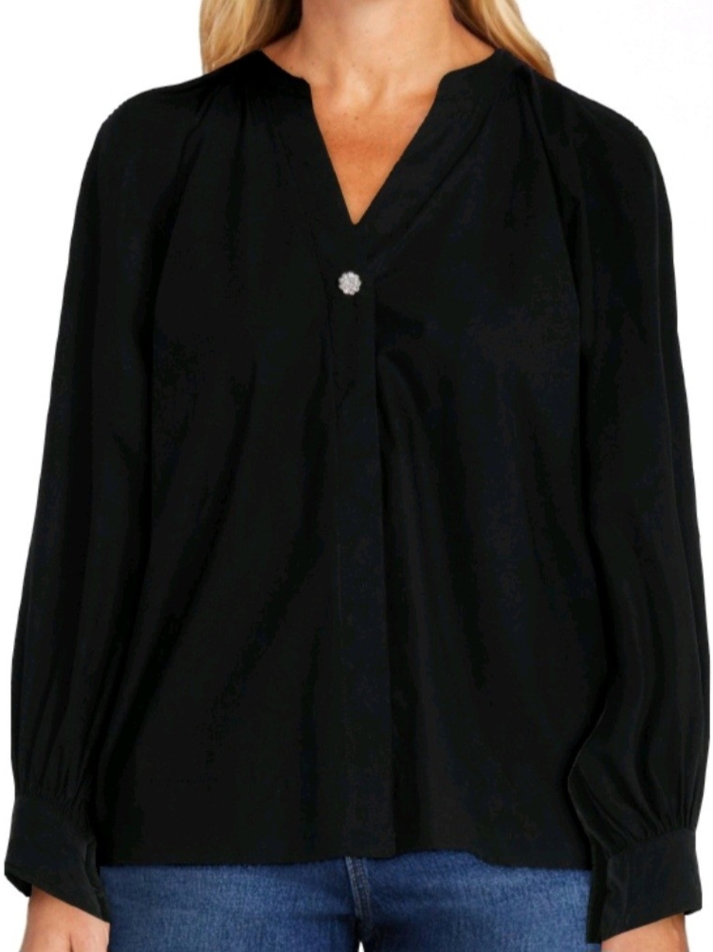 Free Assembly Women's Pleat Neck Long Sleeve Shirt, Black - Size: Small